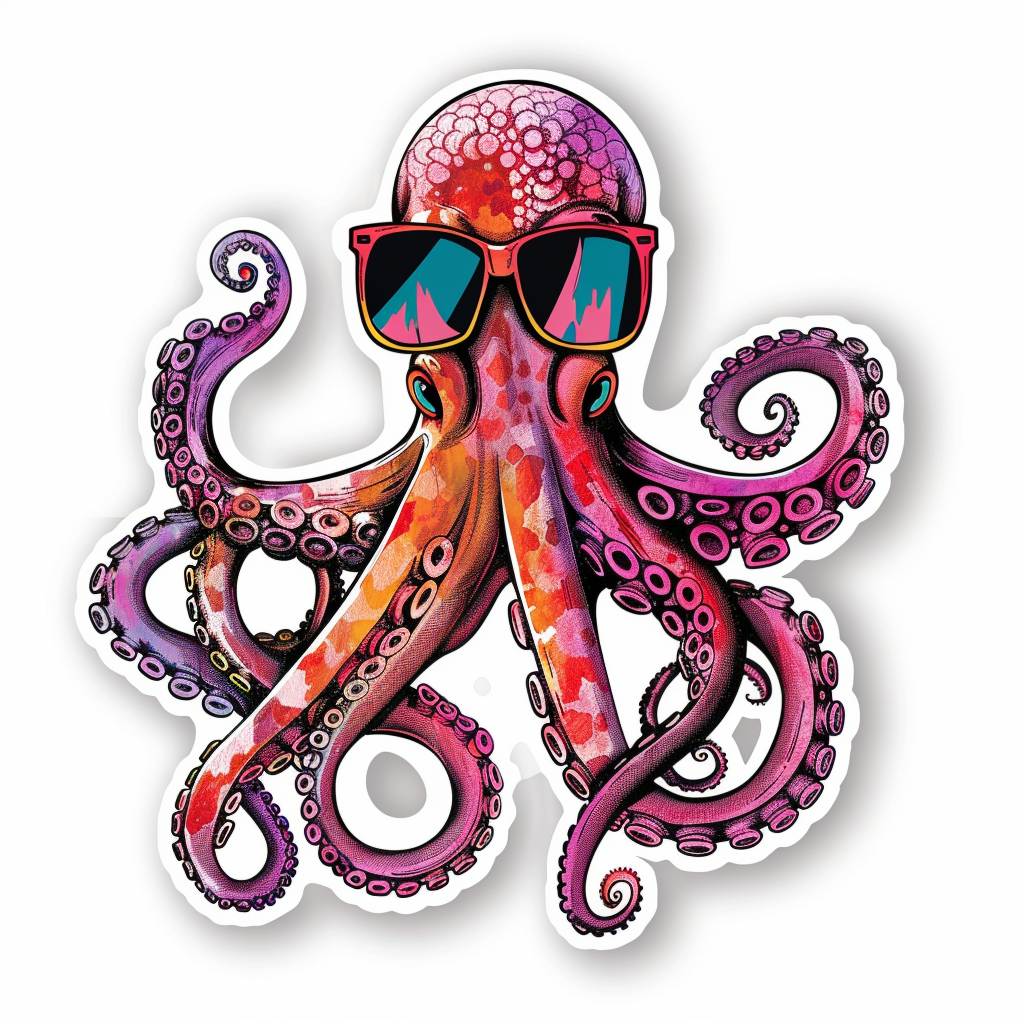 Sticker of a Octopus wearing sunglasses majestic Expressive surreal Vinyl Decal Sticker for Car, Laptop, Tumbler and more # F015396