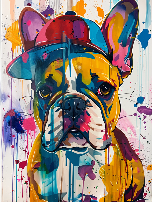 Colorful space French Bulldog dog with a hat Expressive surreal Poster # F024477