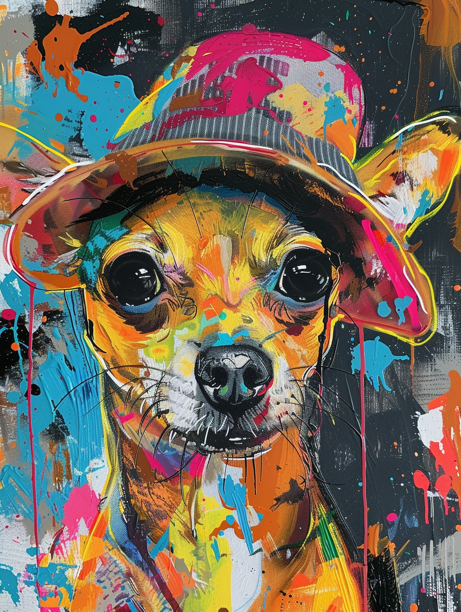 Colorful space Chihuahua dog with a hat Expressive surreal Poster # F025106
