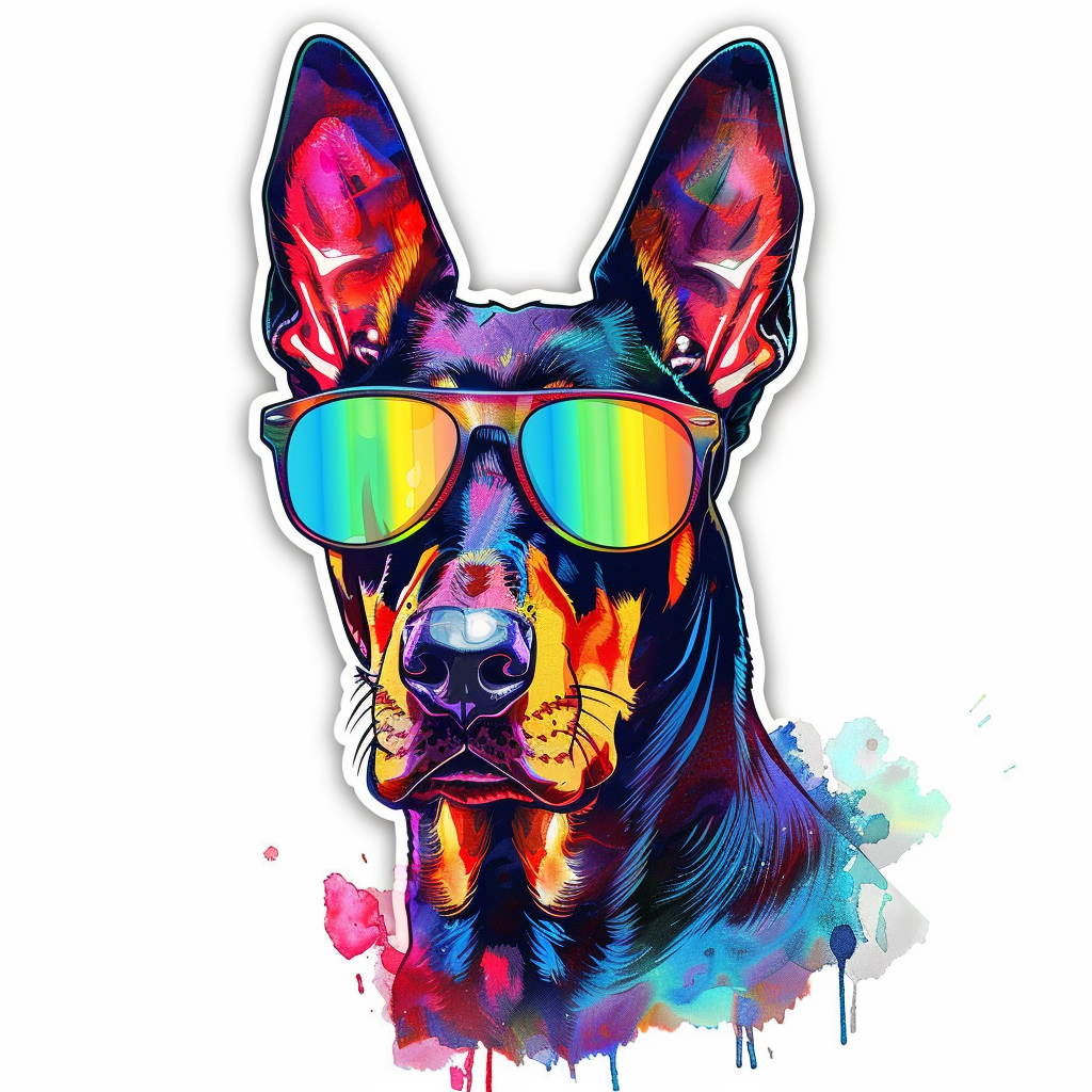 Sticker of a Doberman Pinscher Dog wearing sunglasses Expressive surreal Vinyl Decal Sticker for Car, Laptop, Tumbler and more # F019184