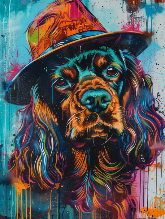 colorful space Cocker Spaniel dog with a hat Expressive surreal Poster # F025486