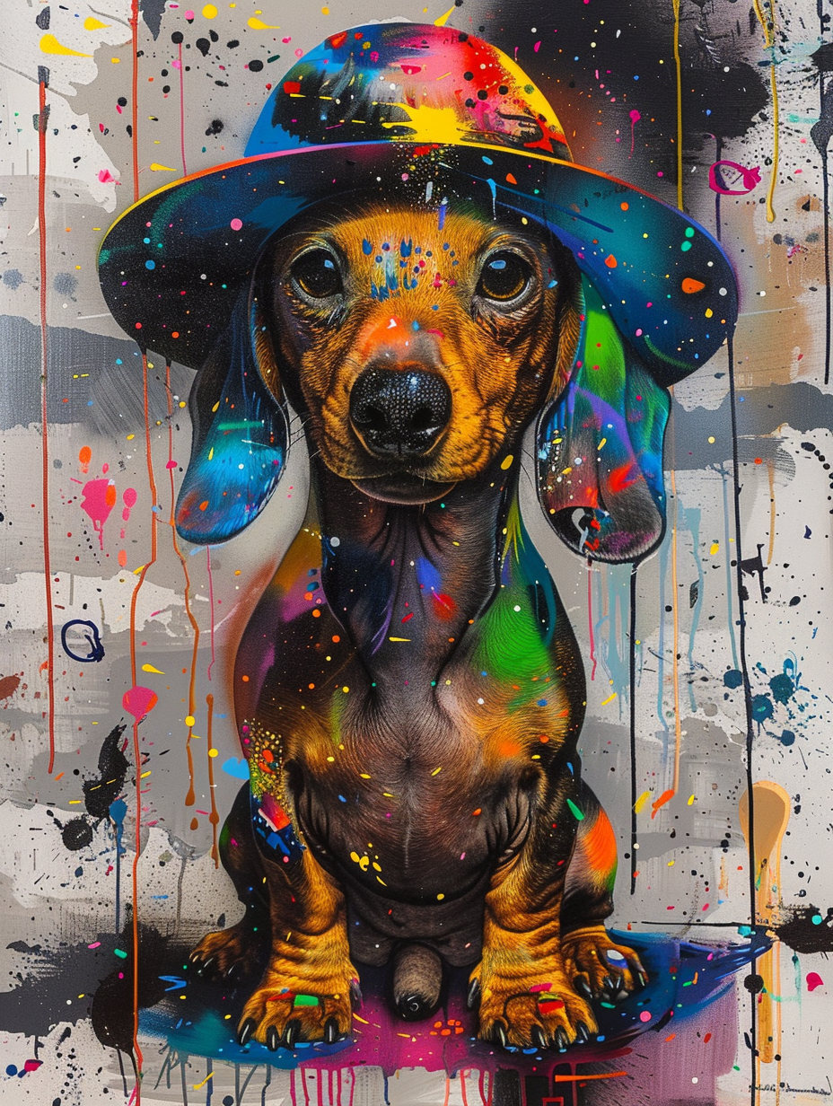 Colorful space Dachshund dog with a hat Expressive surreal Poster # F024937