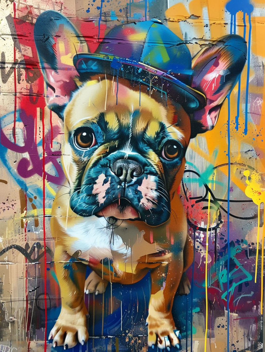 Colorful space French Bulldog dog with a hat Expressive surreal Poster # F025187