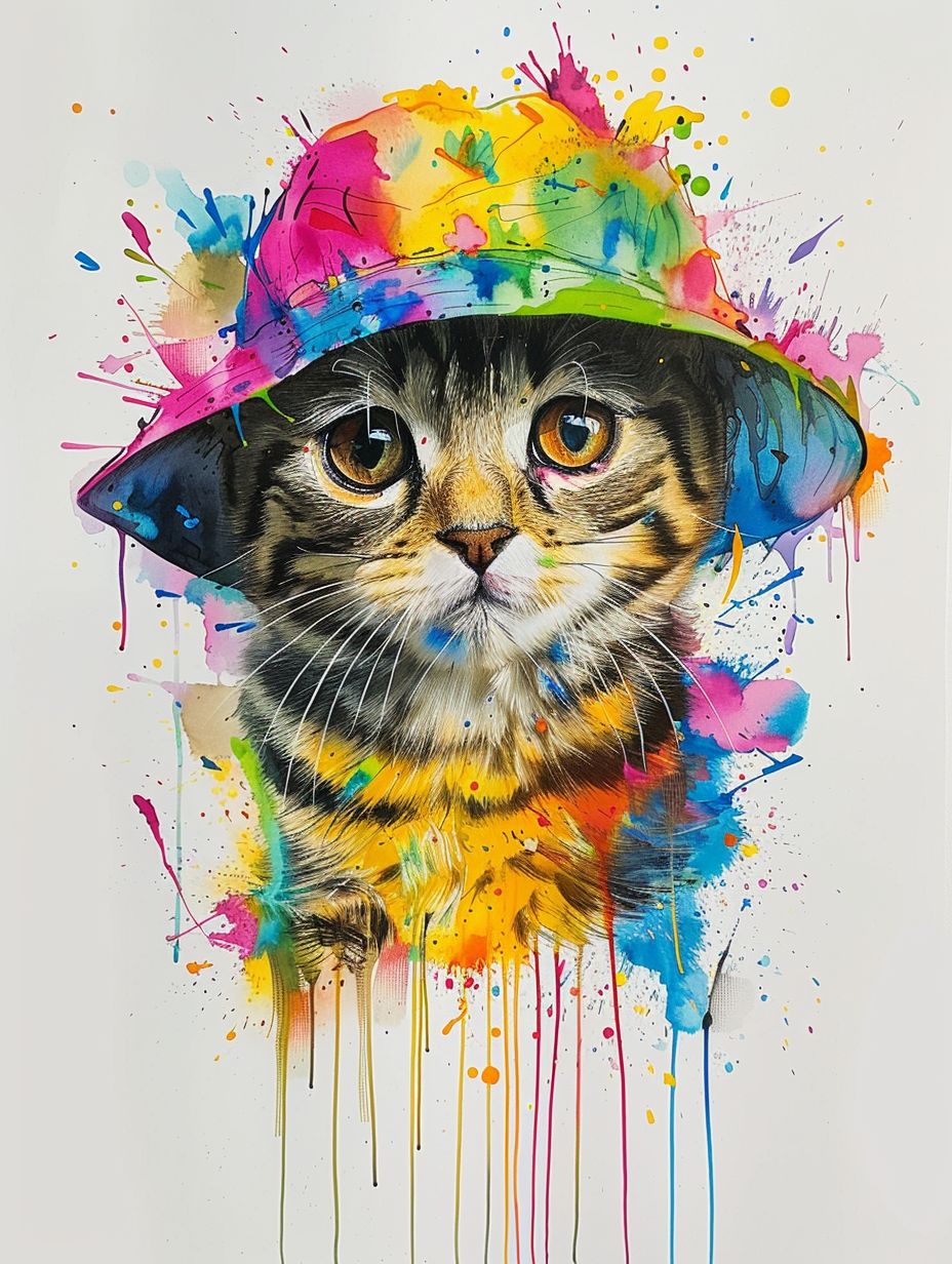 Colorful space Scottish Fold cat with a hat Expressive surreal Poster # F025337