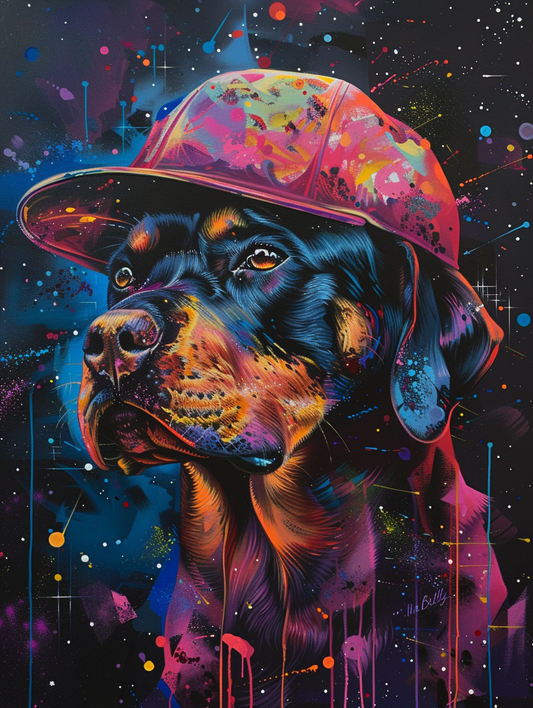 Colorful space Rottweiler dog with a hat Expressive surreal Poster # F024528