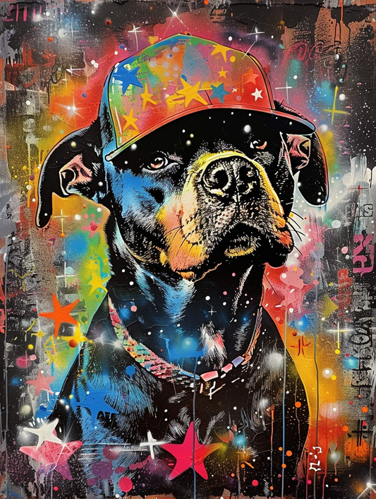 colorful space Labrador Retriever dog with a hat Expressive surreal Poster # F025574