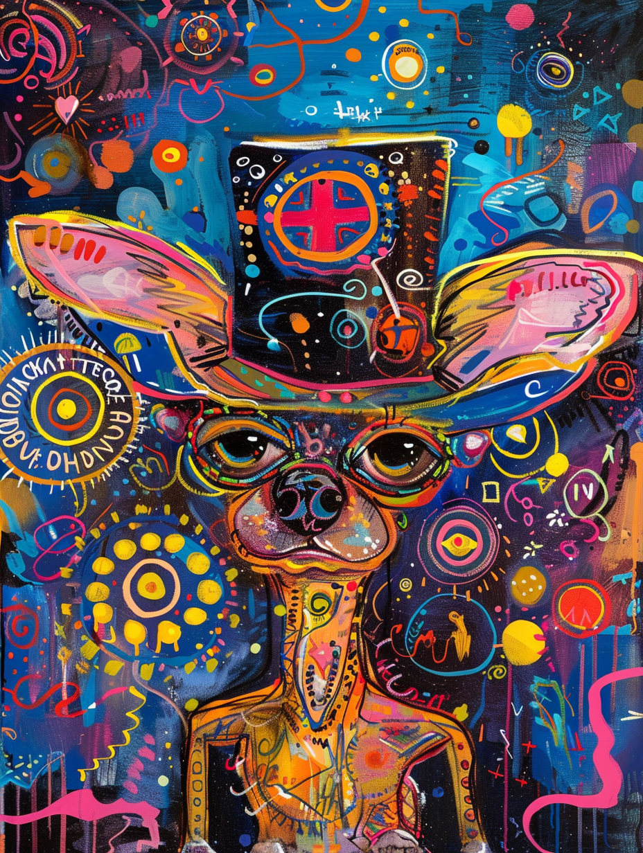 Colorful space Chihuahua dog with a hat Expressive surreal Poster # F025113