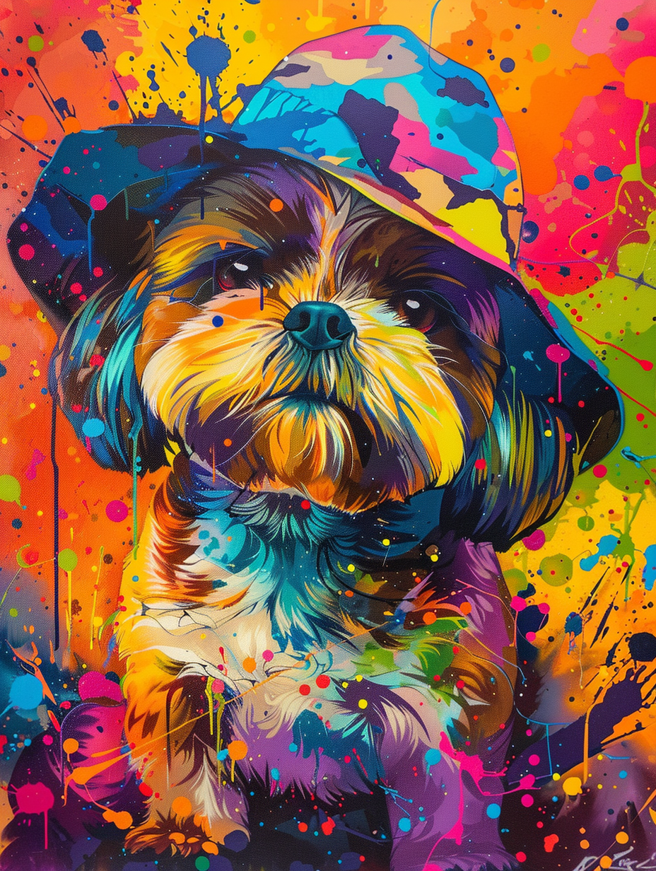 Colorful space Shih Tzu dog with a hat Expressive surreal Poster # F024923