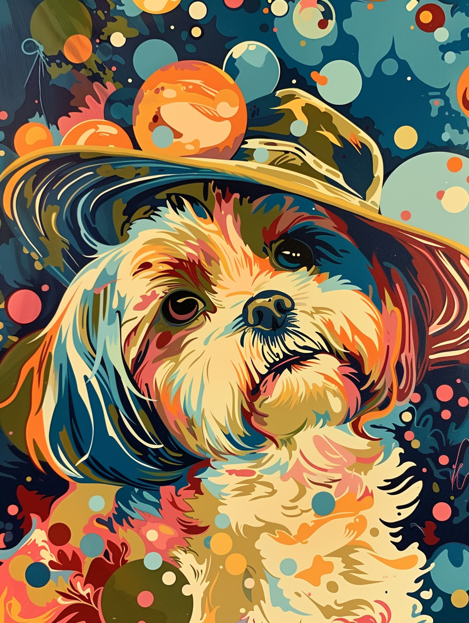 Colorful space Shih Tzu dog with a hat Expressive surreal Poster # F024569