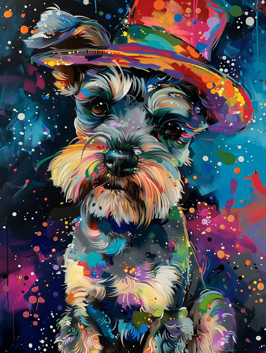 Colorful space Miniature Schnauzer dog with a hat Expressive surreal Poster # F025532