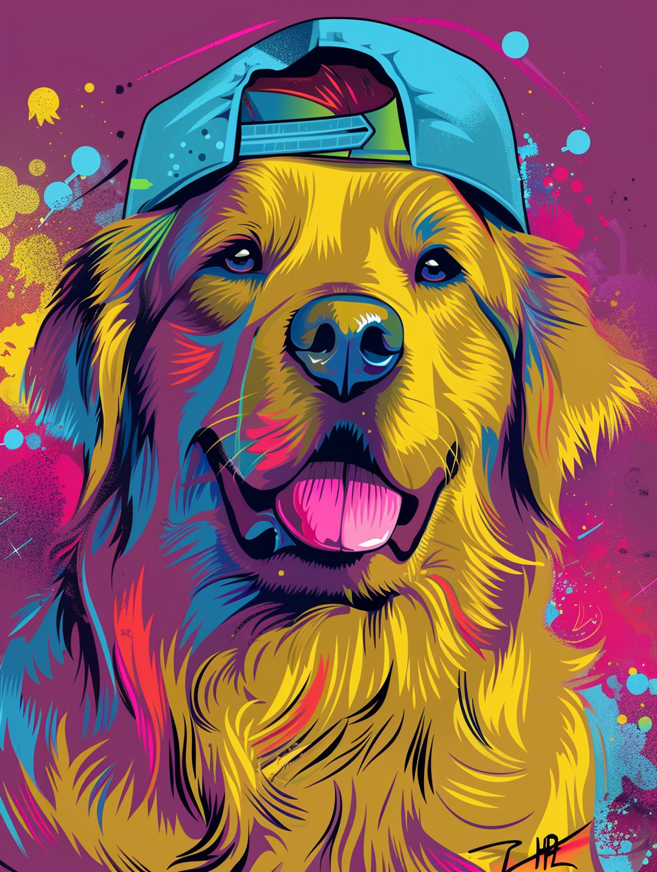 colorful space Golden Retriever dog with a hat Expressive surreal Poster # F025202