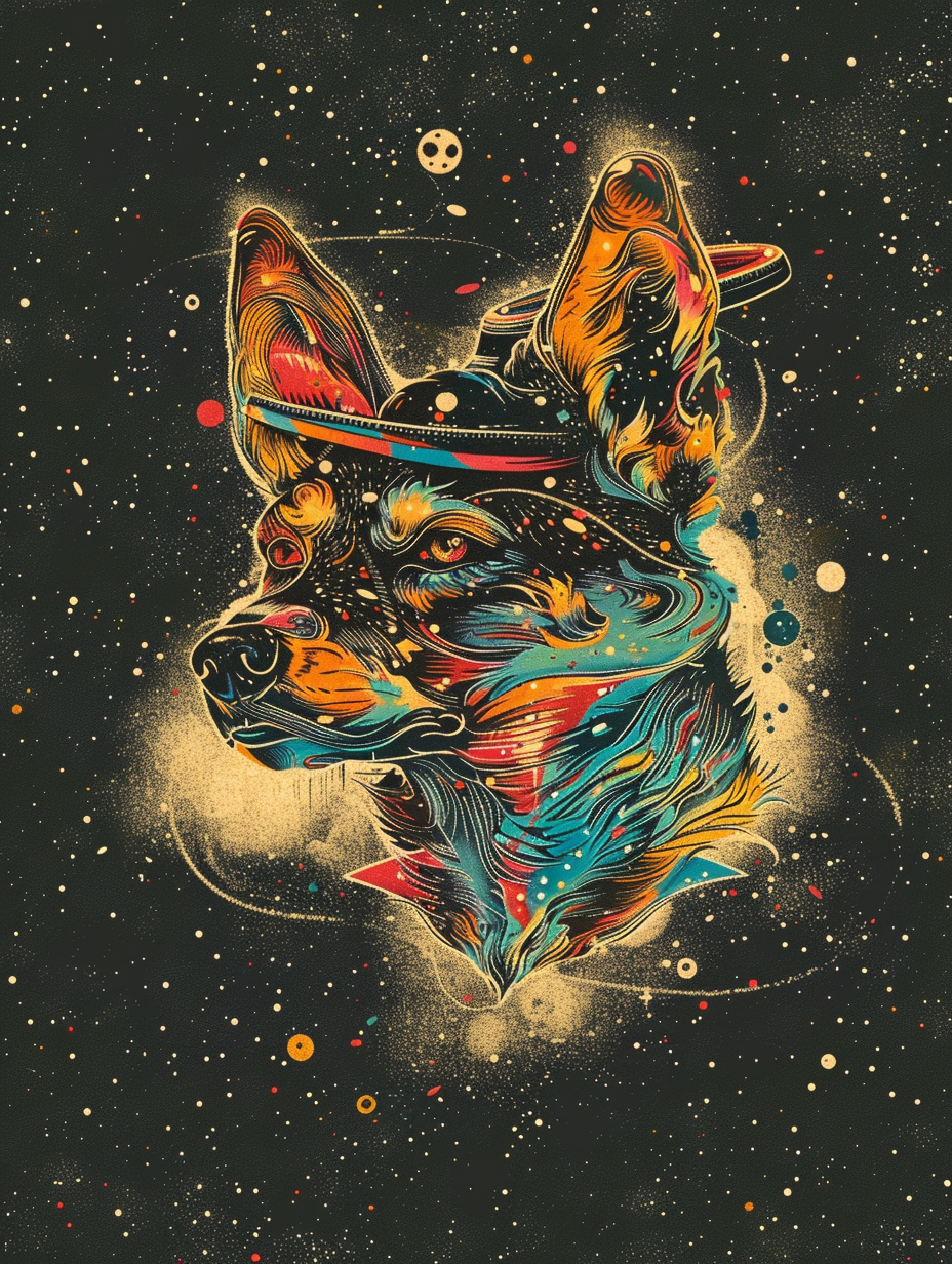 Colorful space Pembroke Welsh Corgi dog with a hat Expressive surreal Poster # F025476