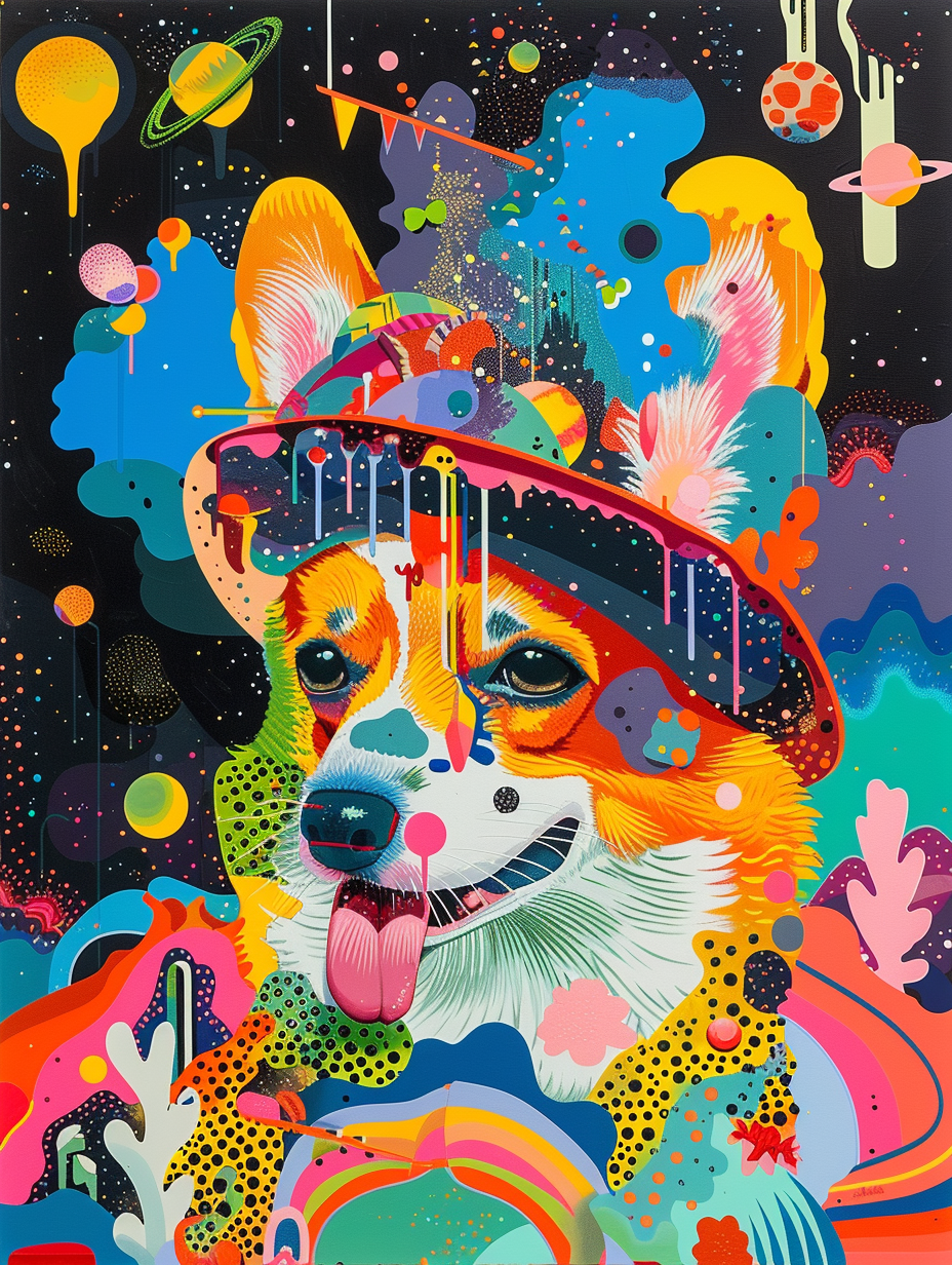 Colorful space Pembroke Welsh Corgi dog with a hat Expressive surreal Poster # F025028