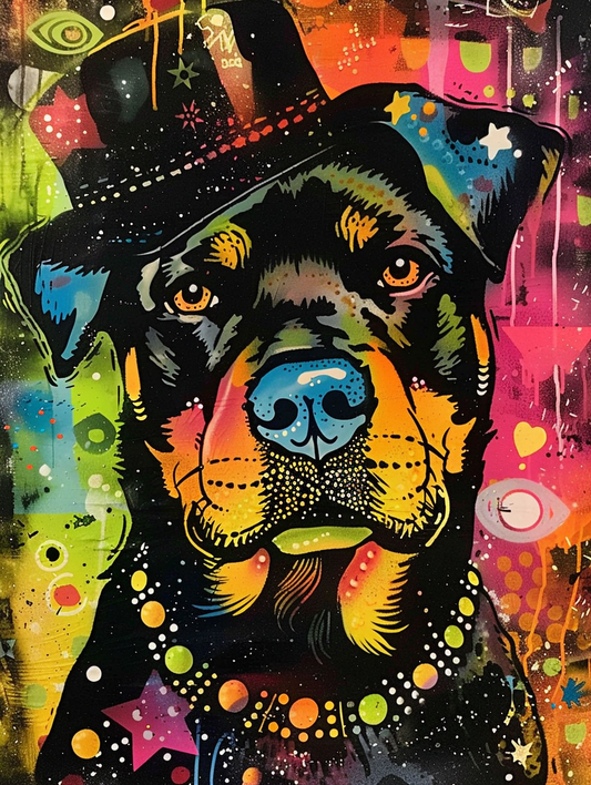 Colorful space Rottweiler dog with a hat Expressive surreal Poster # F024518