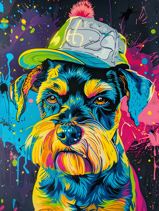 Colorful space Miniature Schnauzer dog with a hat Expressive surreal Poster # F024594