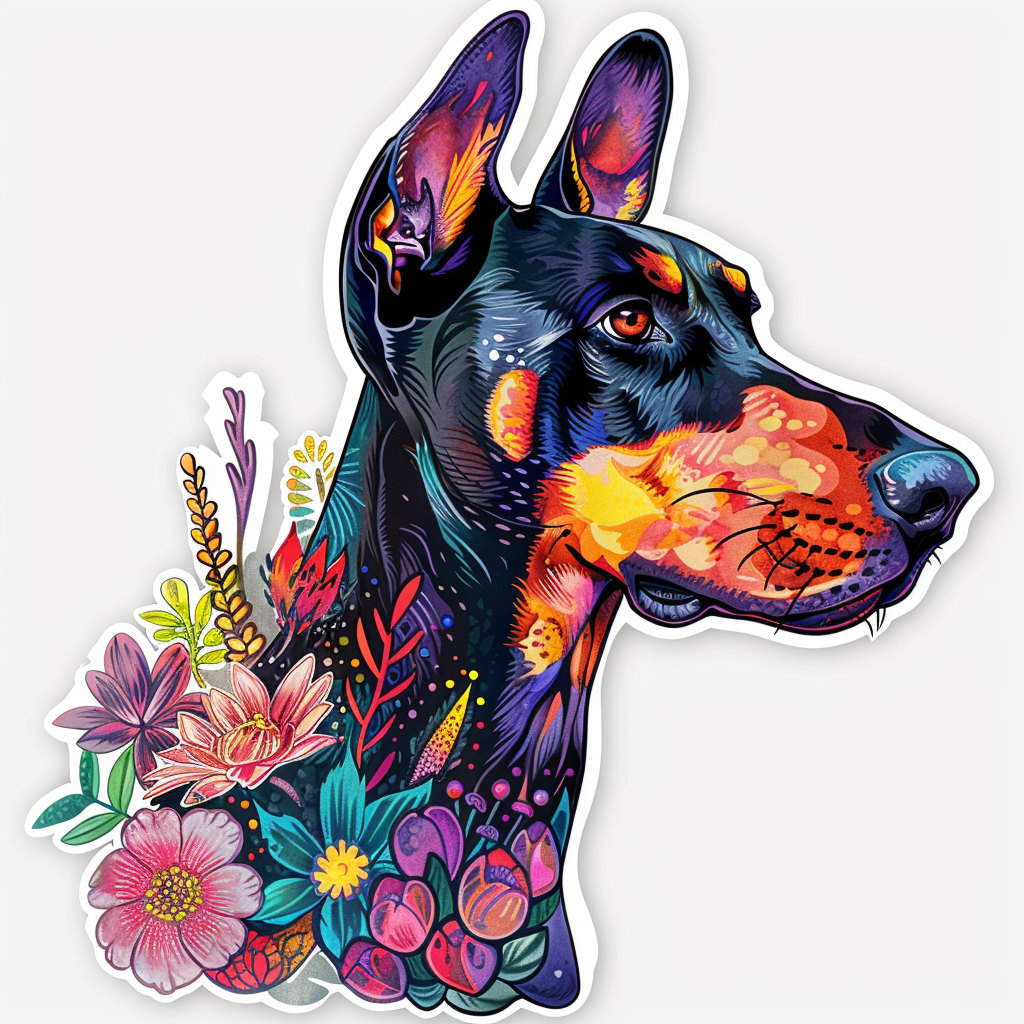 Doberman Pinscher Dog floral majestic Expressive surreal Vinyl Decal Sticker for Car, Laptop, Tumbler and more # F019380