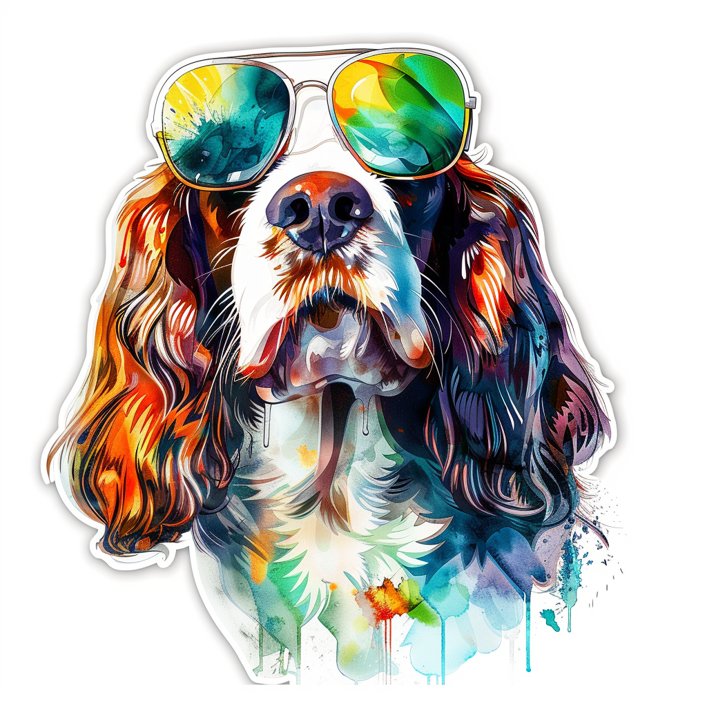 Sticker of a Cocker Spaniel Dog wearing sunglasses Expressive surreal Vinyl Decal Sticker for Car, Laptop, Tumbler and more # F020131