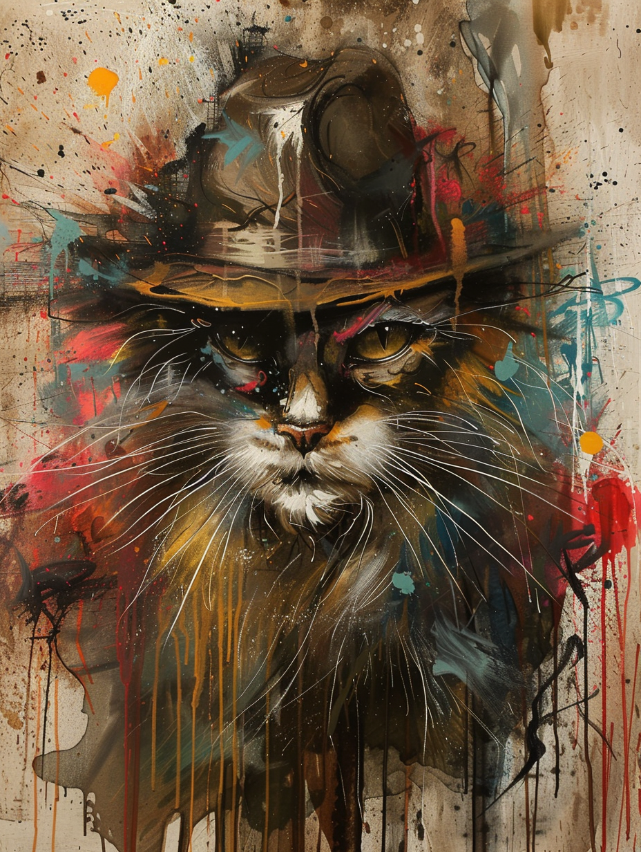 Colorful space Norwegian Forest Cat cat with a hat Expressive surreal Poster # F025368