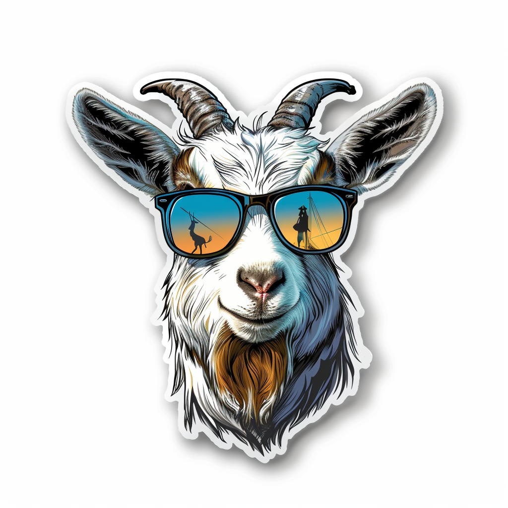 Goat wearing sunglasses Expressive surreal Vinyl Decal Sticker for Car, Laptop, Tumbler and more # F020458-4" x 4"