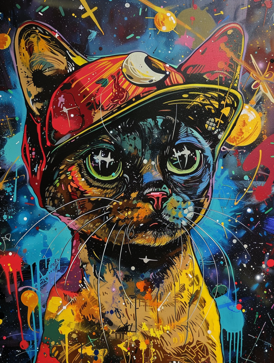 colorful space Burmese cat with a hat Expressive surreal Poster # F025353