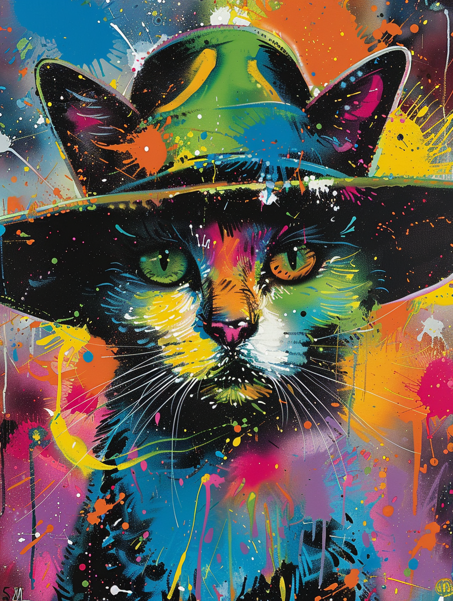 colorful space Manx cat with a hat Expressive surreal Poster # F025264