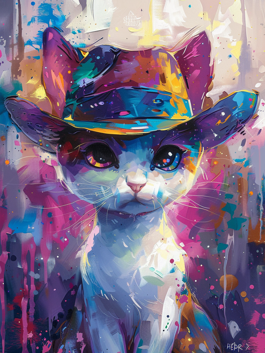 Colorful space Persian cat with a hat Expressive surreal Poster # F024614