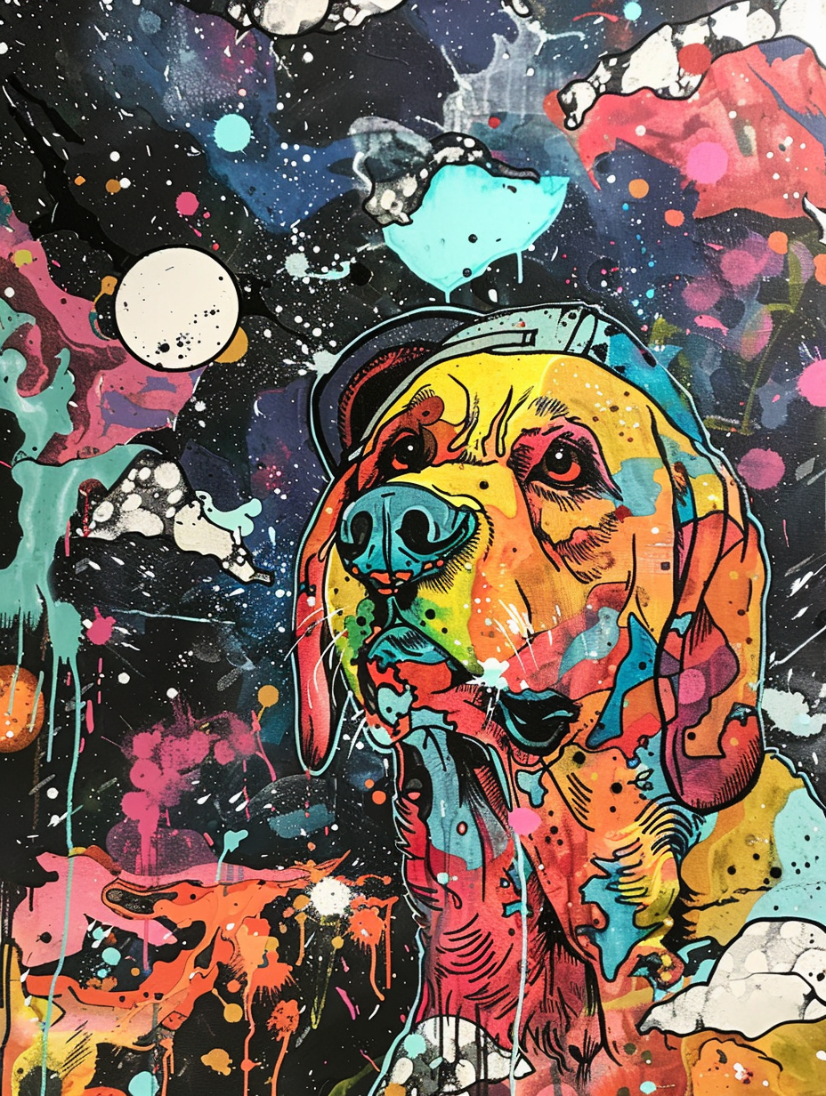 colorful space Golden Retriever dog with a hat Expressive surreal Poster # F025022