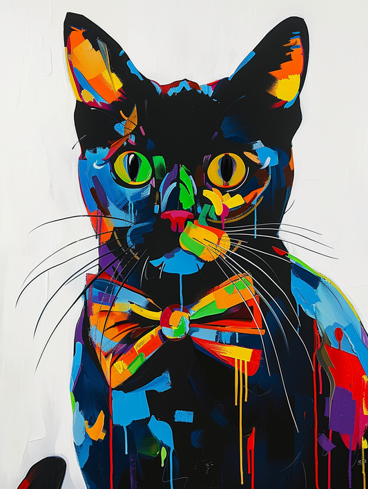 Colorful space American Shorthair cat with a bow Expressive surreal Poster # F024396