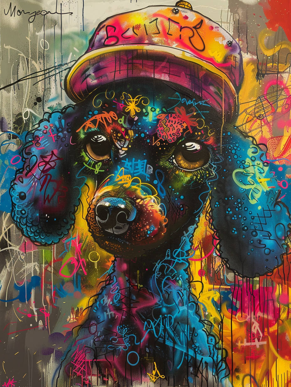 Colorful space Poodle dog with a hat Expressive surreal Poster # F024890