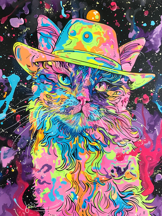 Colorful space Persian cat with a hat Expressive surreal Poster # F025270