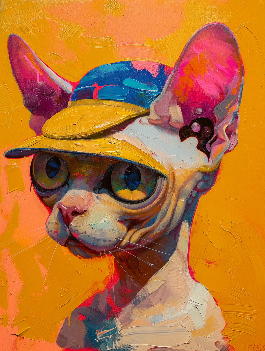 Colorful space Devon Rex cat with a hat Expressive surreal Poster # F025230