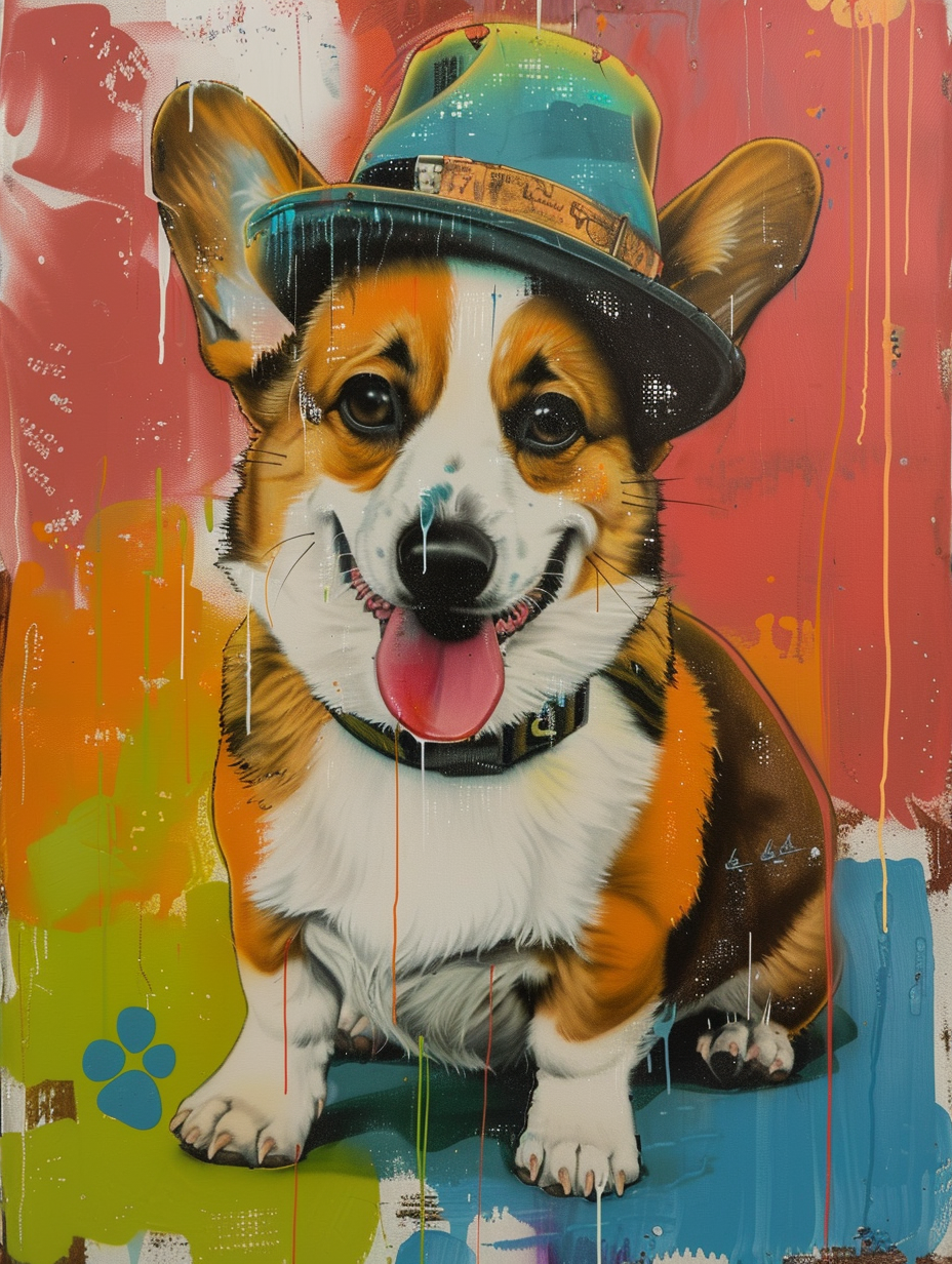 Colorful space Pembroke Welsh Corgi dog with a hat Expressive surreal Poster # F024626
