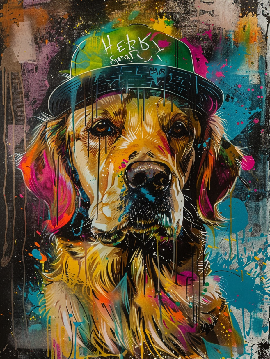 Colorful space Golden Retriever dog with a hat Expressive surreal Poster # F025527