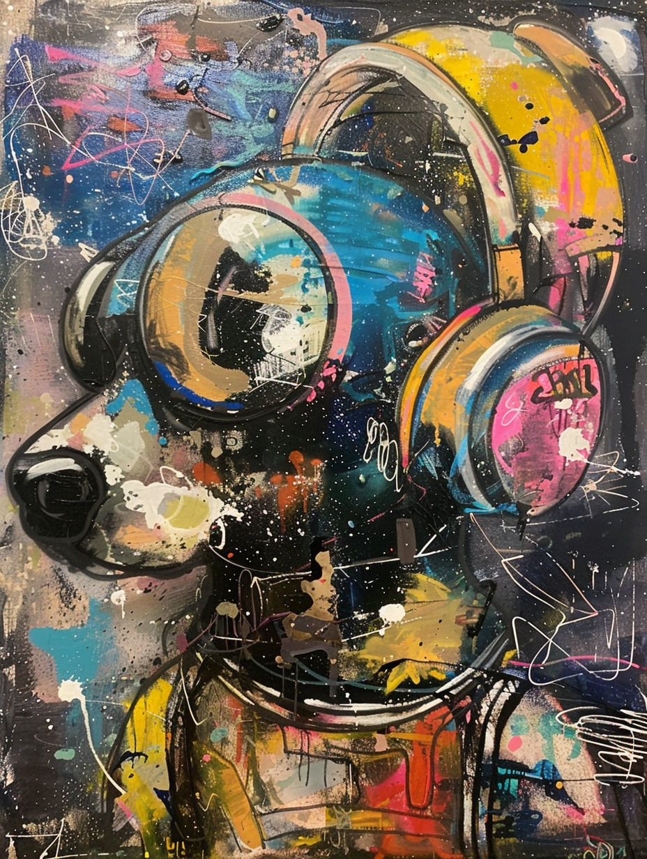 Colorful space Dachshund dog with a hat Expressive surreal Poster # F024884