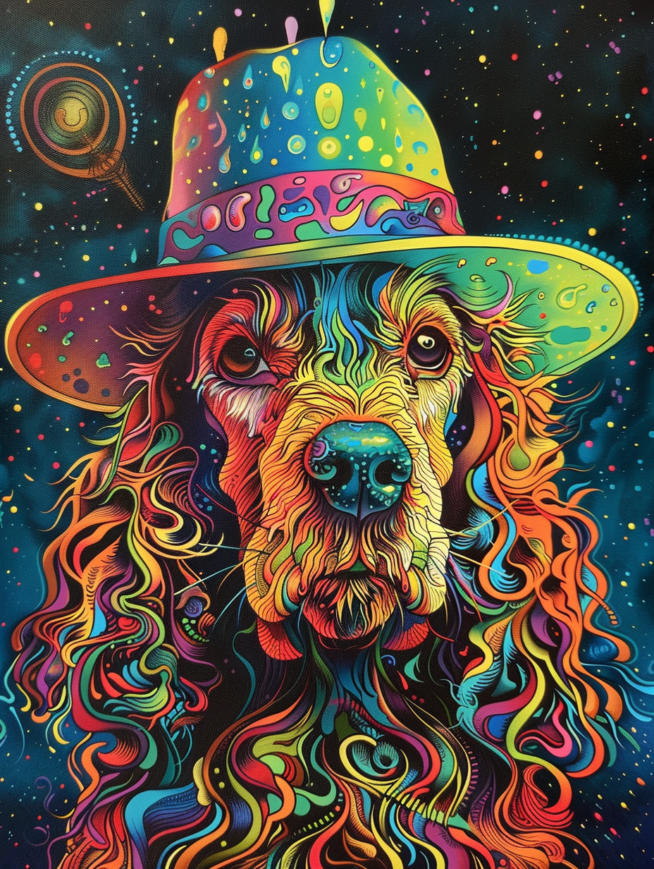 colorful space Cocker Spaniel dog with a hat Expressive surreal Poster # F025437