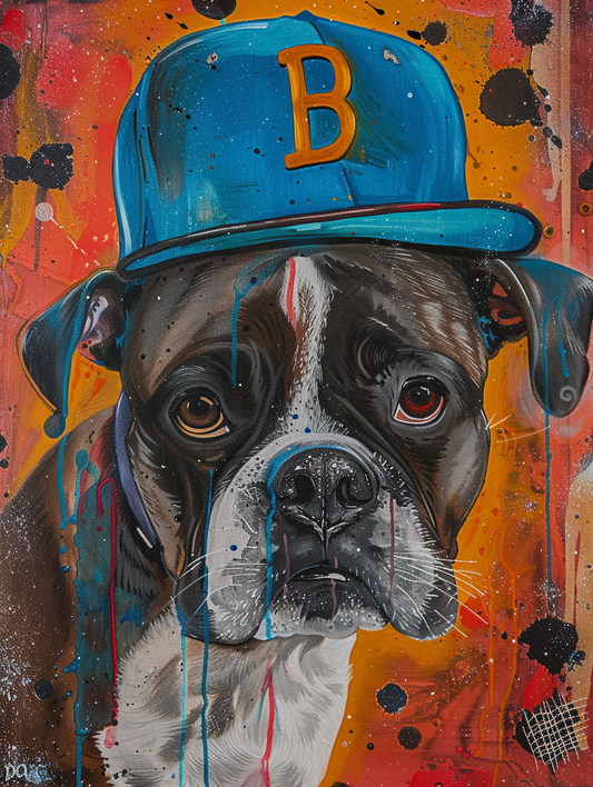 Colorful space Boston Terrier dog with a hat Expressive surreal Poster # F024406