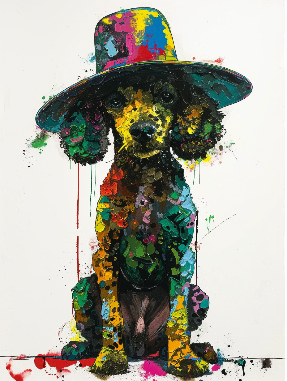 Colorful space Poodle dog with a hat Expressive surreal Poster # F025609