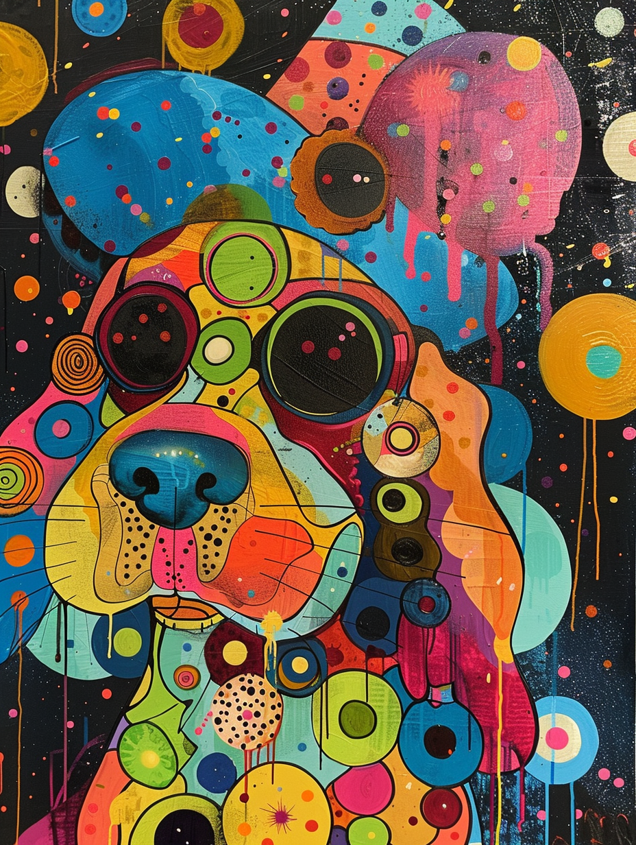 Colorful space Cocker Spaniel dog with a hat Expressive surreal Poster # F024936