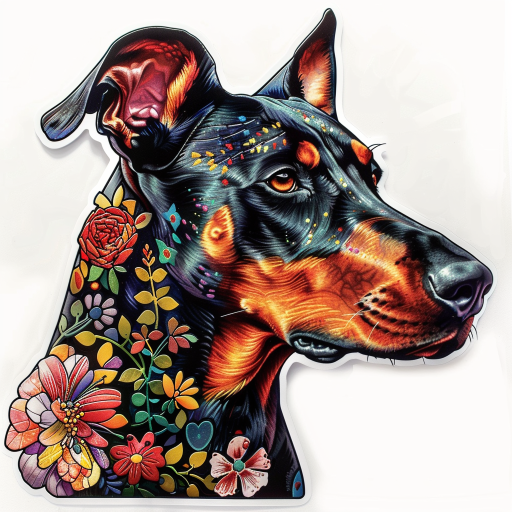 Doberman Pinscher Dog floral majestic Expressive surreal Vinyl Decal Sticker for Car, Laptop, Tumbler and more # F019375