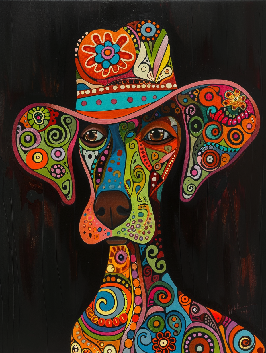 colorful space Labrador Retriever dog with a hat Expressive surreal Poster # F025423