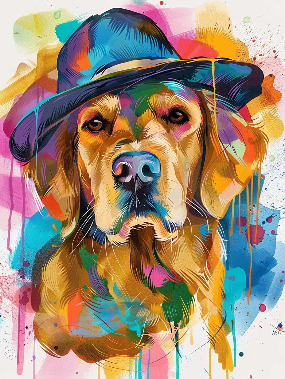 colorful space Golden Retriever dog with a hat Expressive surreal Poster # F025025