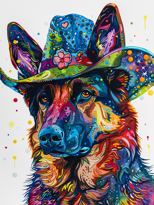 Colorful space German Shepherd dog with a hat Expressive surreal Poster # F025031