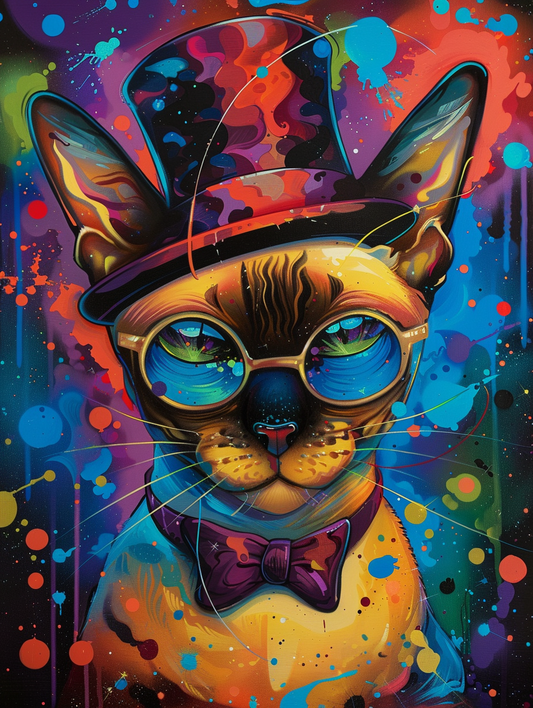 Colorful space Tonkinese cat with a hat Expressive surreal Poster # F025286