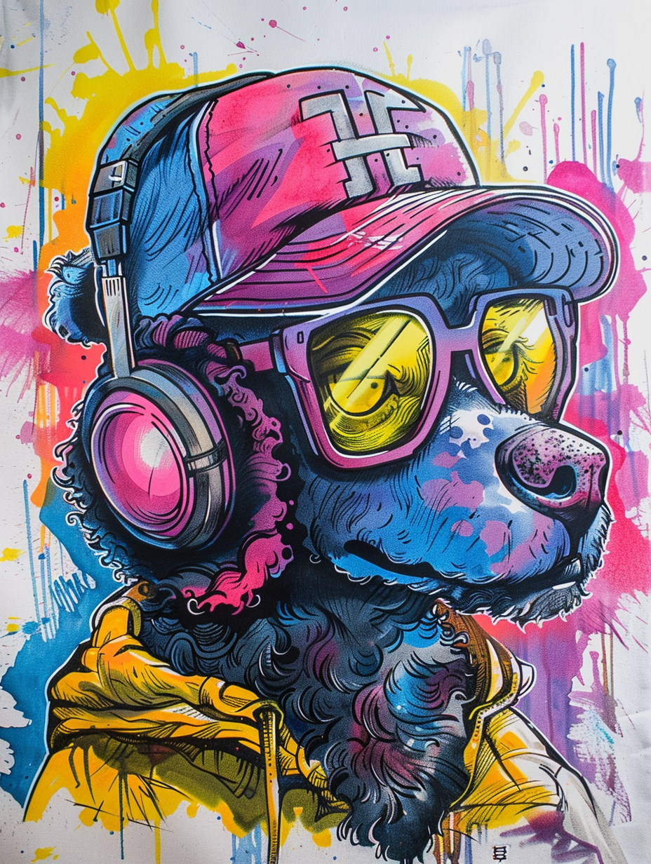 Colorful space Poodle dog with a hat Expressive surreal Poster # F025078