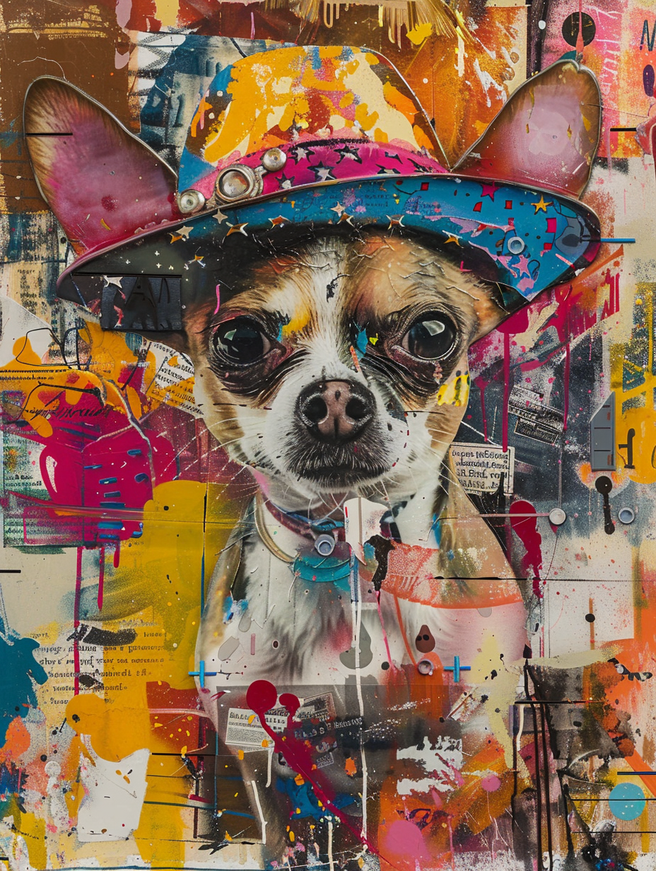 Colorful space Chihuahua dog with a hat Expressive surreal Poster # F025120