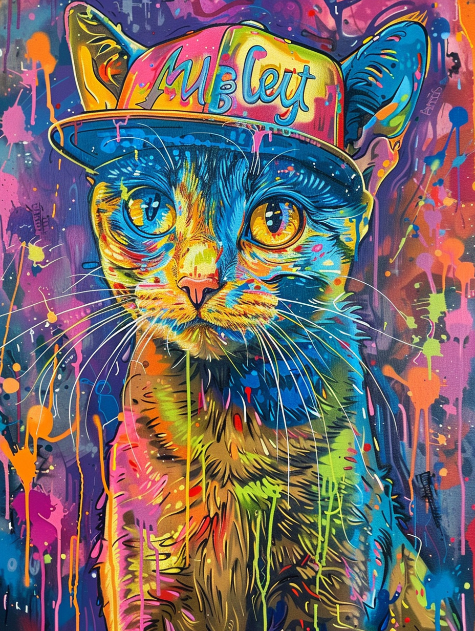 colorful space Burmese cat with a hat Expressive surreal Poster # F025366