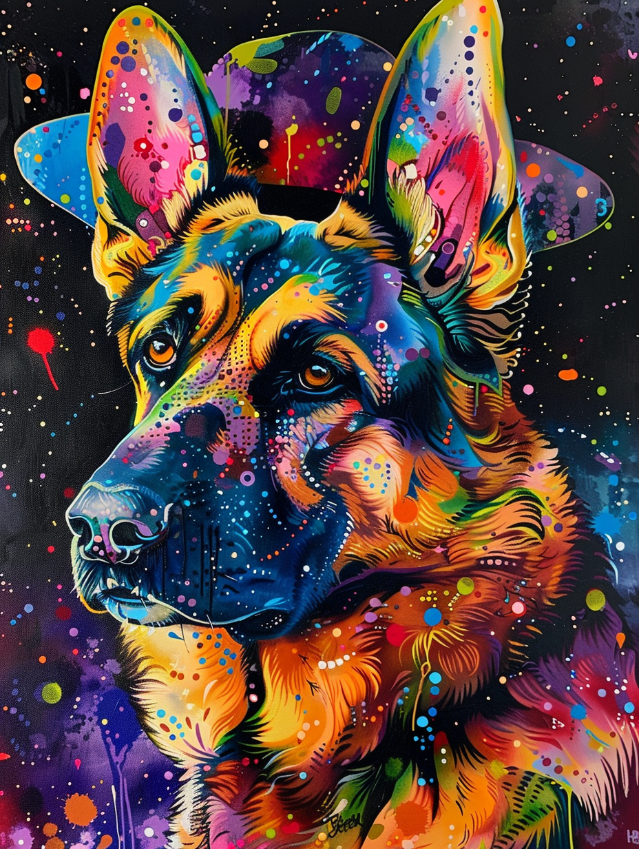colorful space German Shepherd dog with a hat Expressive surreal Poster # F025396