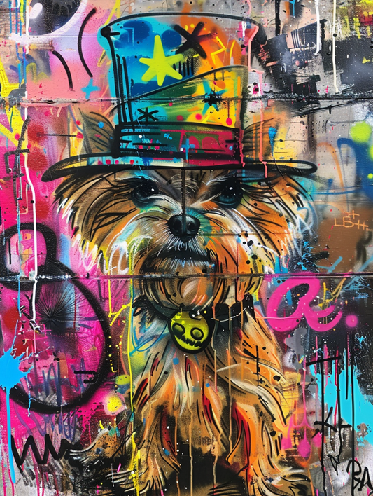 colorful space Yorkshire Terrier dog with a hat Expressive surreal Poster # F024502
