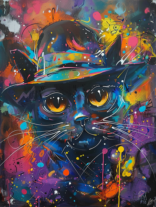 colorful space Russian Blue cat with a hat Expressive surreal Poster # F025358