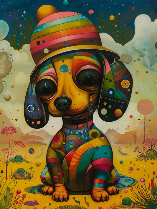 Colorful space Dachshund dog with a hat Expressive surreal Poster # F024907